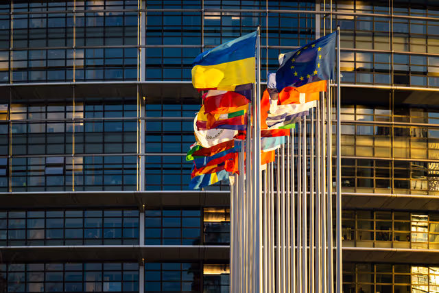 Flags of the country members of the European Union are raised at the EP headquarters in Strasbourg