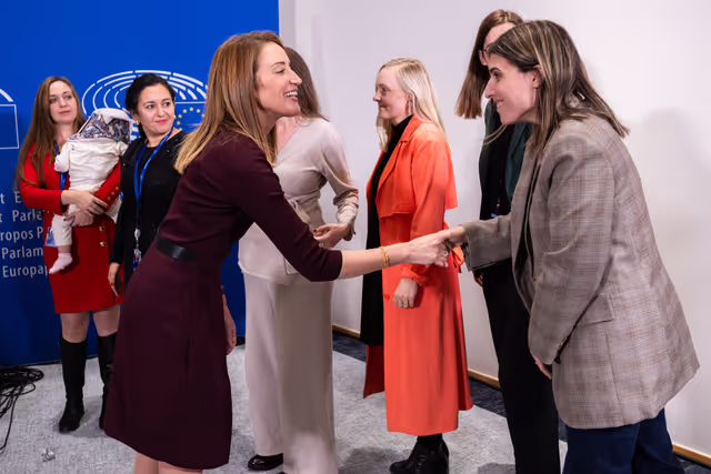 Fotografija 1: Photo action by pregnant women after the proxy voting in plenary for Members during pregnancy and after giving birth.