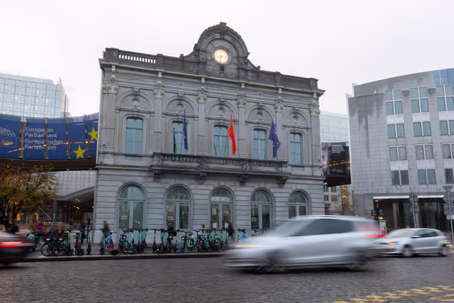 Interrnational Day for the Elimination of Violence against Women - ' Orange your world ', UN campaign to end violence against women and girls. Orange flag flown outside the EP building in Brussels