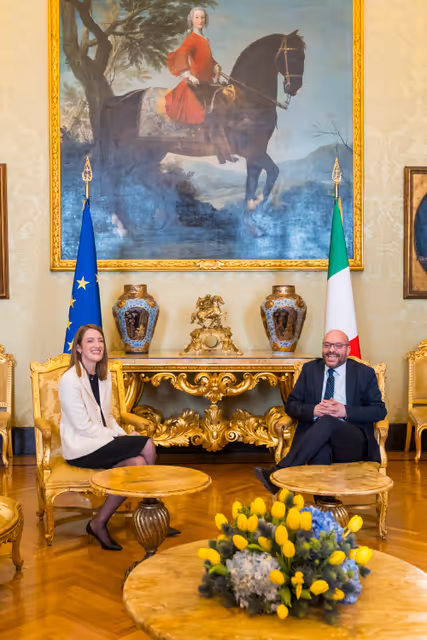 Foto 4: Official visit by Roberta METSOLA, EP President to Rome (Italy) -  Meeting with Lorenzo FONTANA, President of the Italian Chamber of Deputies
