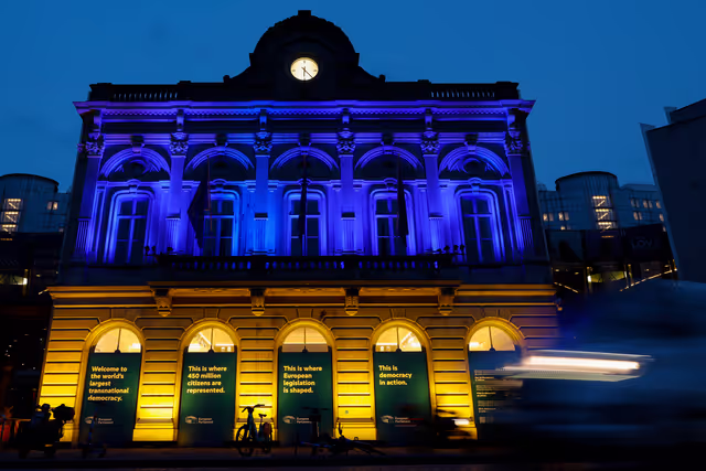 4 years anniversary of Russian aggression against Ukraine : lighting up of Station Europe buildings with colors of Ukrainian flag