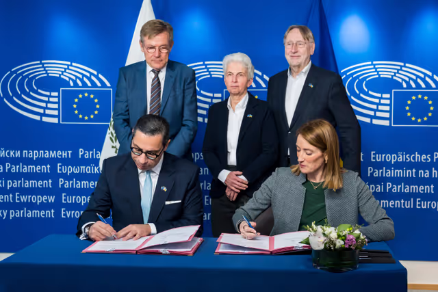 LEX signing ceremony in the presence of Roberta METSOLA, EP President and Constantinos KOMBOS, Minister of Foreign Affairs, on behalf of the Cyprus Presidency