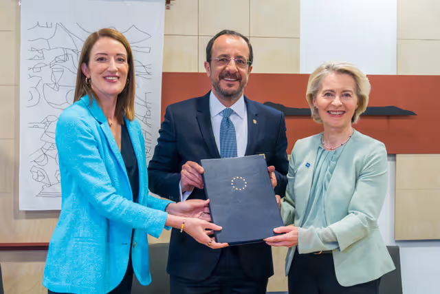 Roberta METSOLA, EP President signs One Europe, One Market roadmap with Nikos CHRISTODOULIDES, President of Cyprus and Ursula Von Der Leyen, EC President, in Nicosia (Cyprus)