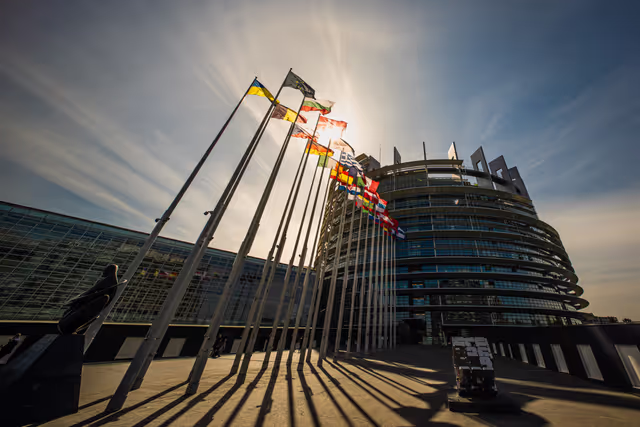 Flags are raised at the EP headquarters in Strasbourg.