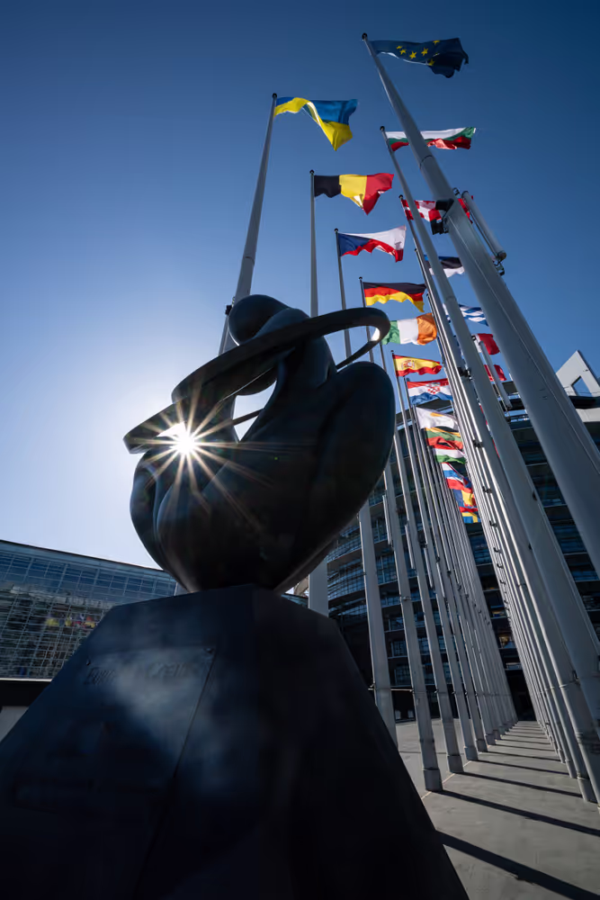 Flags are raised at the EP headquarters in Strasbourg.