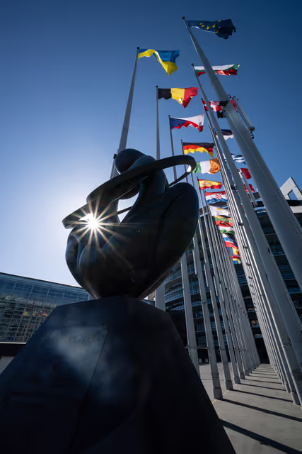 Flags are raised at the EP headquarters in Strasbourg.