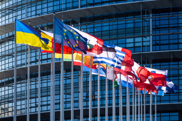 Flags are raised at the EP headquarters in Strasbourg.