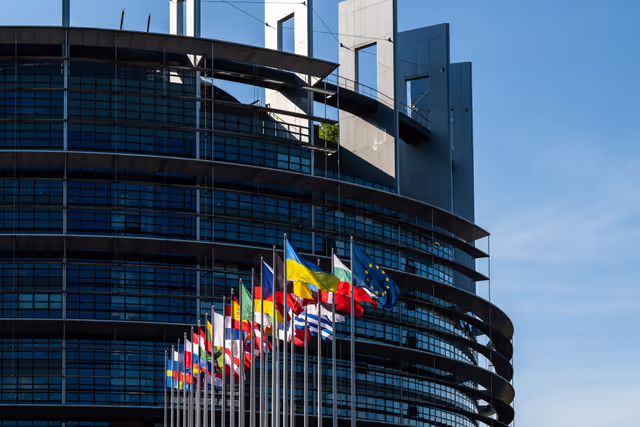 Flags are raised at the EP headquarters in Strasbourg.