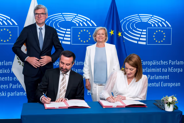 LEX signing ceremony in the presence of Roberta METSOLA, EP President and Nicholas IOANNIDES, Deputy Minister for Migration and International Protection, on behalf of the Cyprus Presidency