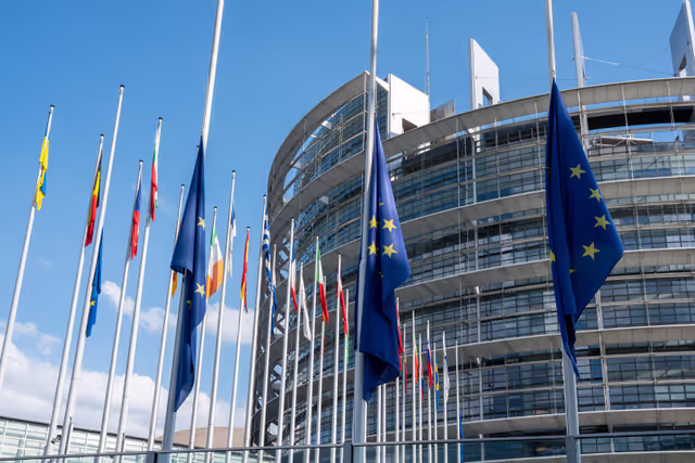 EU flags at half mast at the EP buildings in Brussels and Strasbourg following the death of Klaus HÄNSCH, former President of the European Parliament
