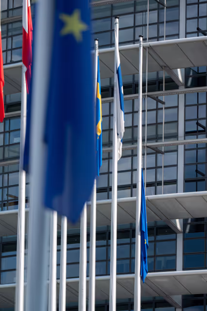EU flags at half mast at the EP buildings in Brussels and Strasbourg following the death of Klaus HÄNSCH, former President of the European Parliament