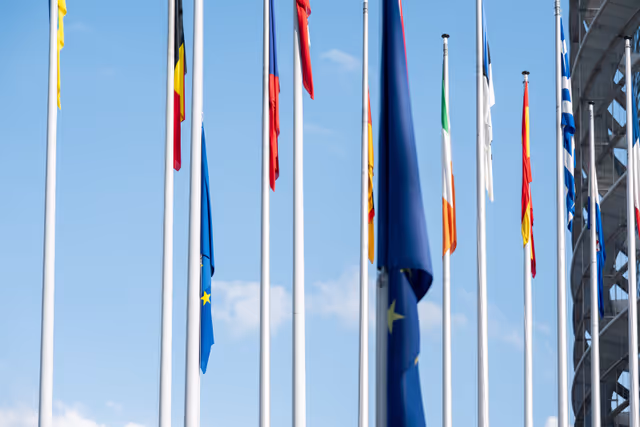 EU flags at half mast at the EP buildings in Brussels and Strasbourg following the death of Klaus HÄNSCH, former President of the European Parliament