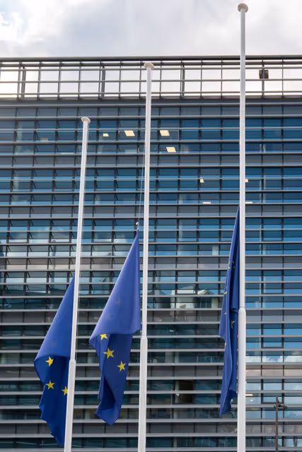 EU flags at half mast at the EP buildings in Brussels and Strasbourg following the death of Klaus HÄNSCH, former President of the European Parliament
