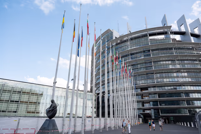 EU flags at half mast at the EP buildings in Brussels and Strasbourg following the death of Klaus HÄNSCH, former President of the European Parliament