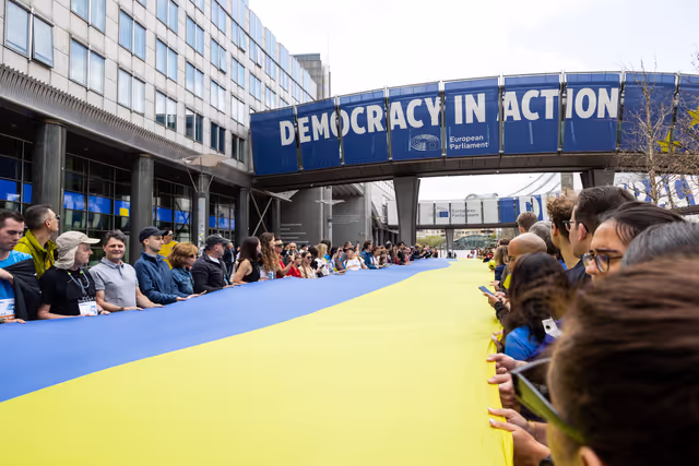 Ukraine Independance Day - Unfurling of Ukrainian 30-meter Flag on the Esplanade of the European Parliament in Brussels