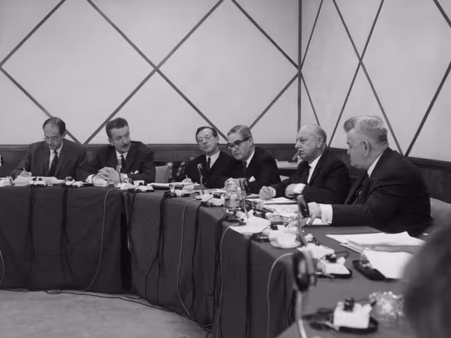 Fernand DEHOUSSE, Jean REY, René PLEVEN and other MEPS during a meeting in Strasbourg, France, May 6, 1969.