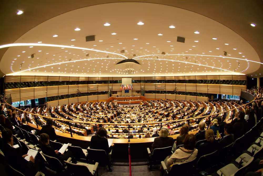 Panoramic view of the Hemicycle inside the Paul-Henri SPAAK Building.