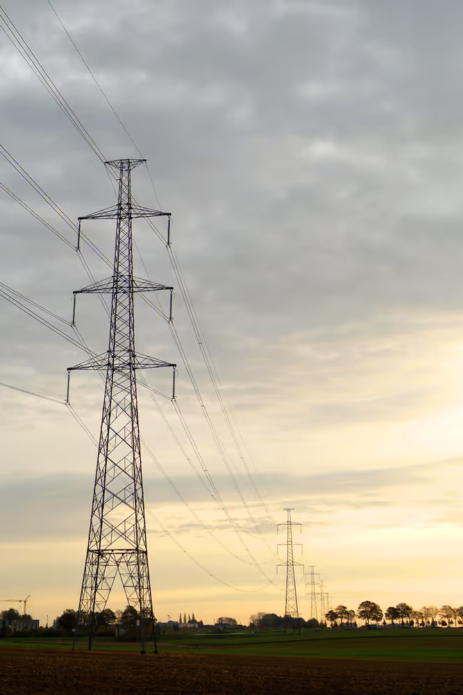 Electricity transport. Electric lines. Electric poles